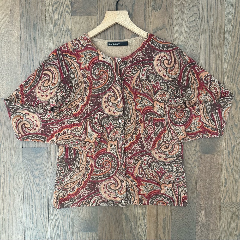 Lord & Taylor 100% Cashmere Paisley Print Cardigan Sweater Red, Brown Multi M